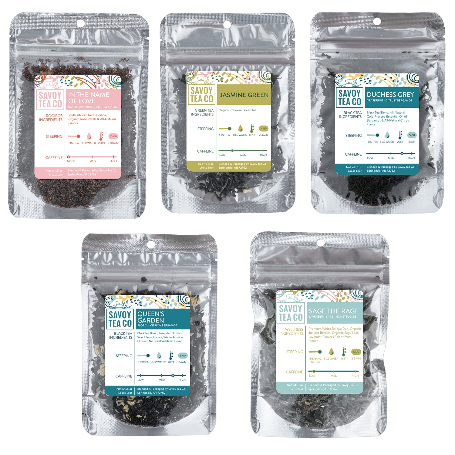 A collection of five different floral tea packages labeled as &