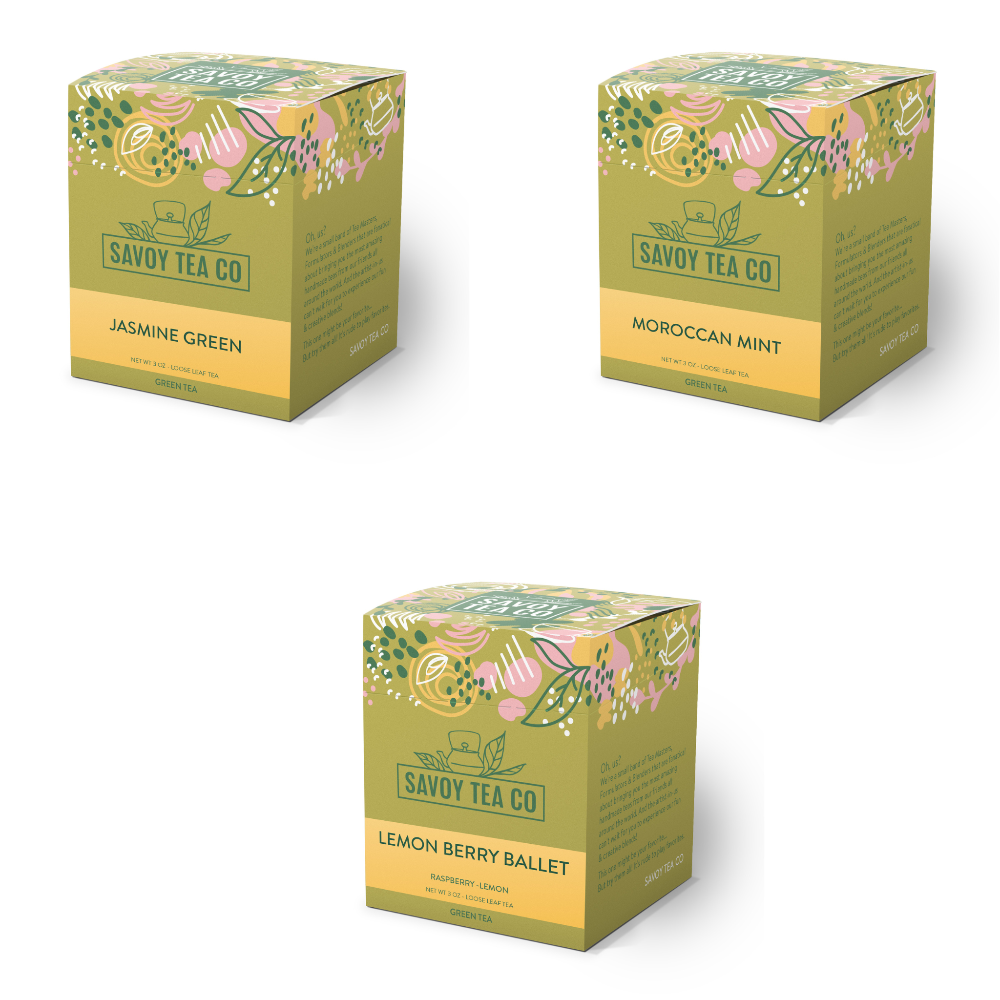 Three boxes of tea Sampler Bundle from Savoy Tea Co., each labeled with different tea names: Jasmine Green, Moroccan Mint, and Lemon Berry Ballet.