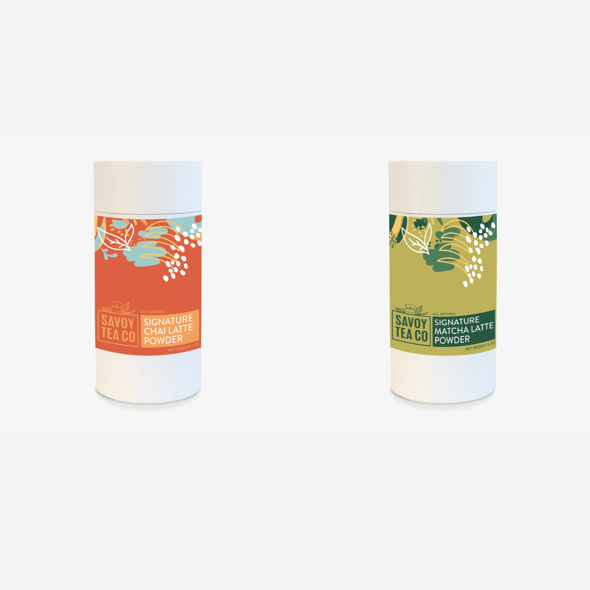 Two containers of Savoy latte powders, one labeled as Chai Latte Powder with orange and red tones, and the other as Matcha Latte Powder with green and white tones.