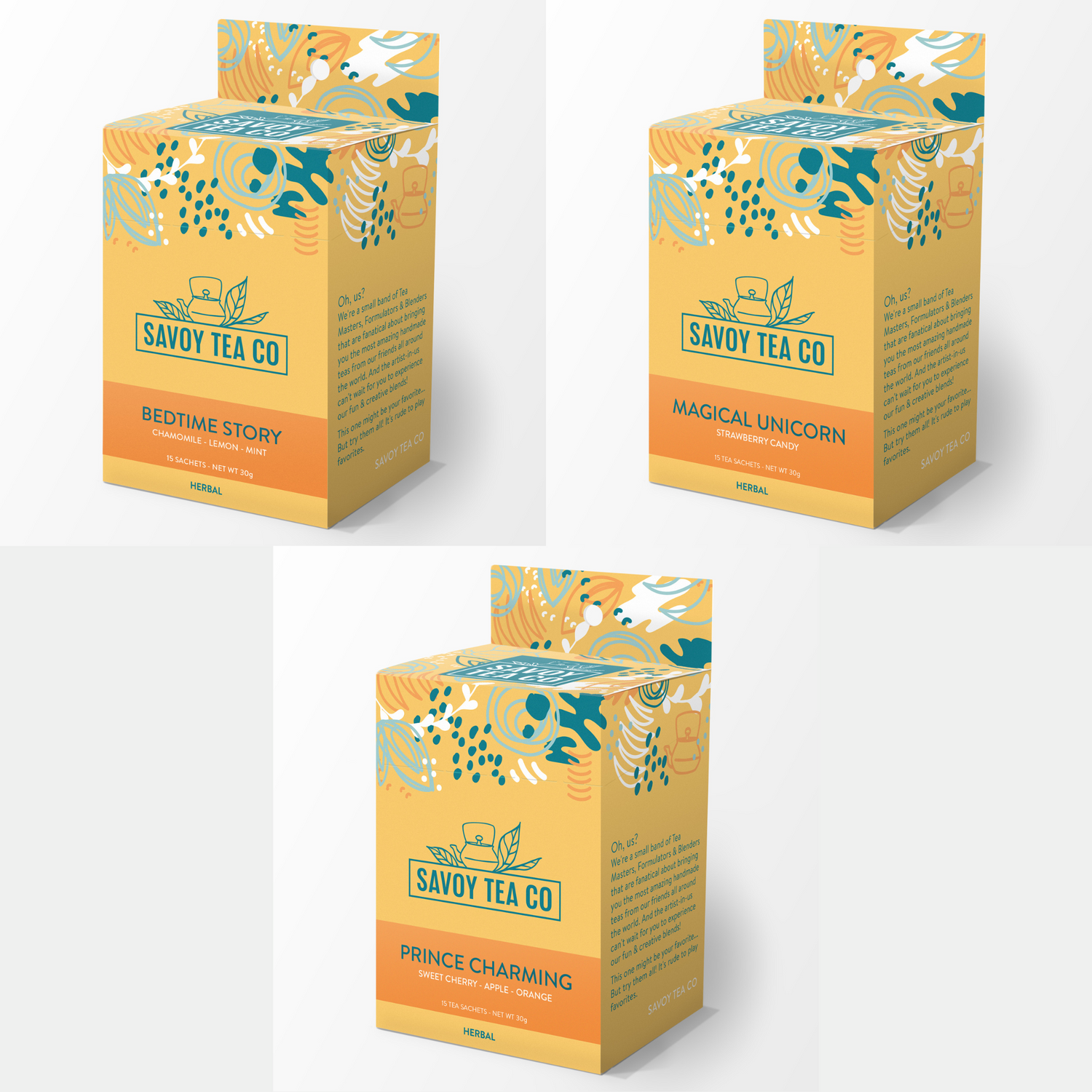 Three boxes of Savoy Tea Co. herbal tea, with flavors including Bedtime Story, Miracle Mermaid, and Prince Charming.