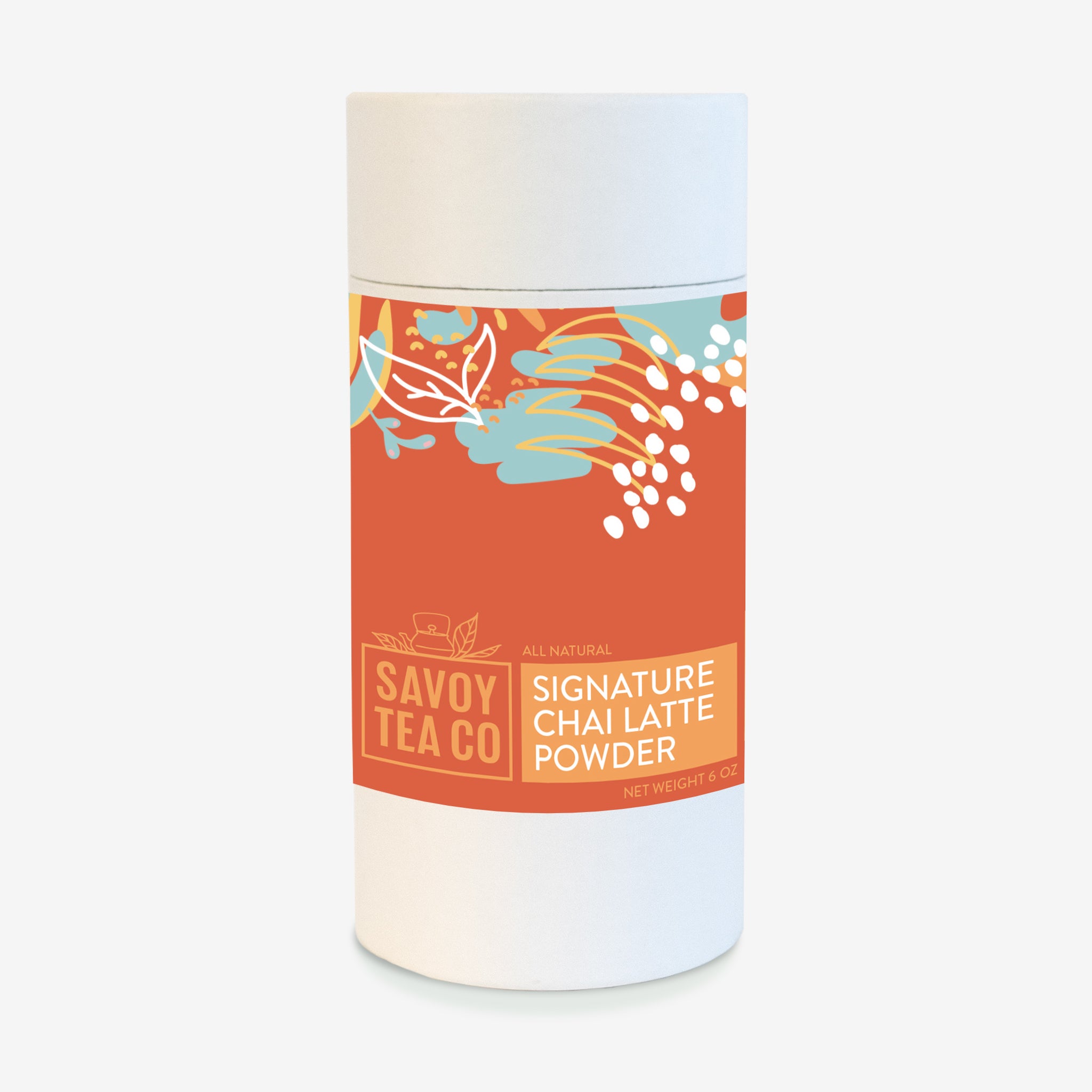 A container of Savoy Signature Chai Latte Powder with a colorful label featuring botanical illustrations.