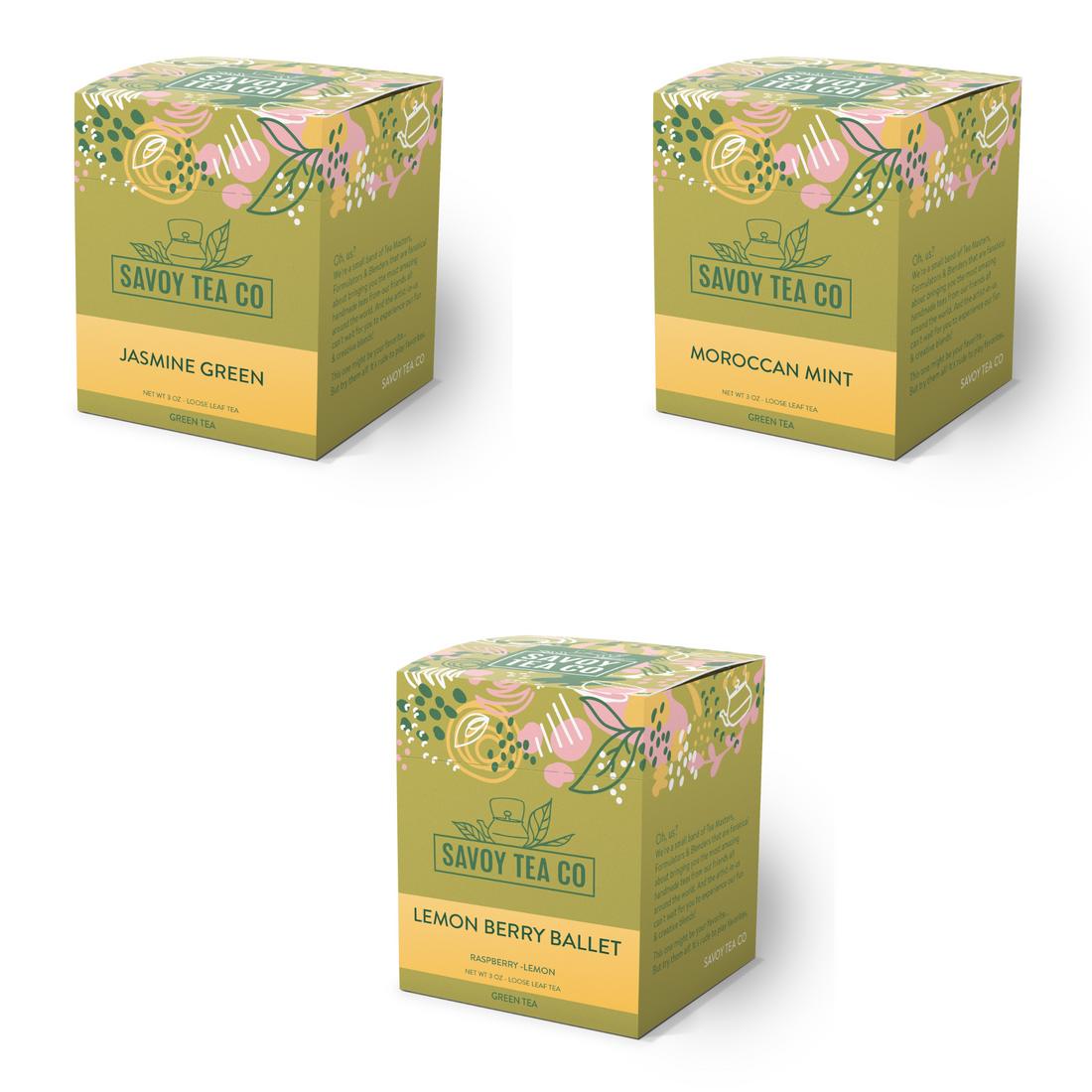 Three boxes of tea Sampler Bundle from Savoy Tea Co., each labeled with different tea names: Jasmine Green, Moroccan Mint, and Lemon Berry Ballet.